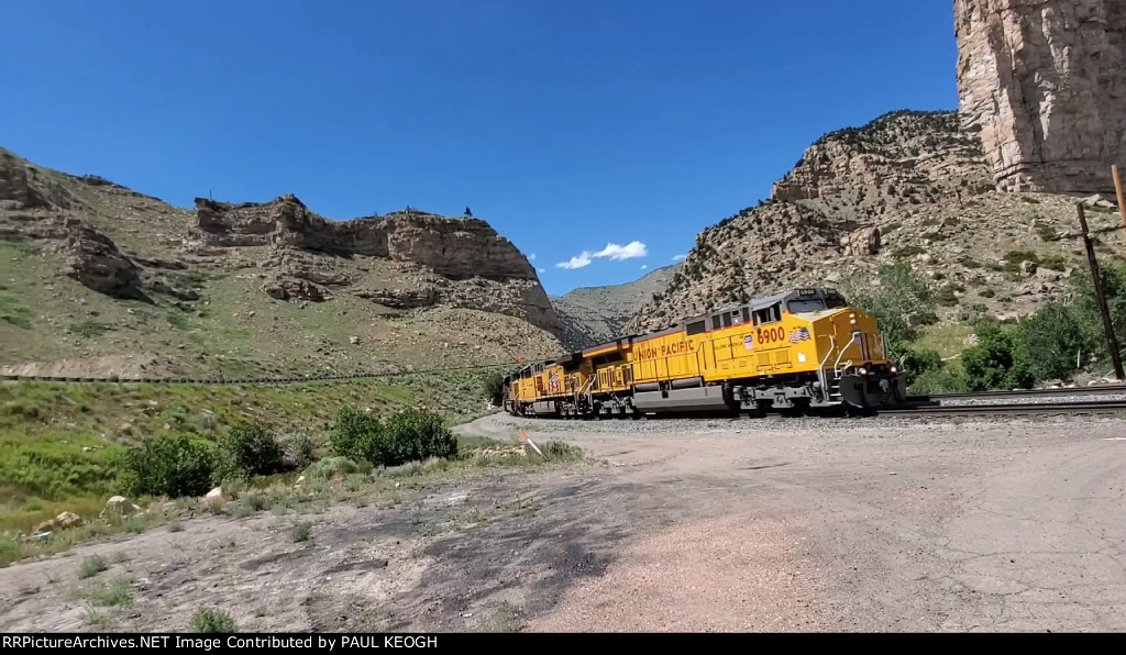 UP 6900 Up Close Shot As She Rounds The Curve Towards The UP Helper Depot, Utah.